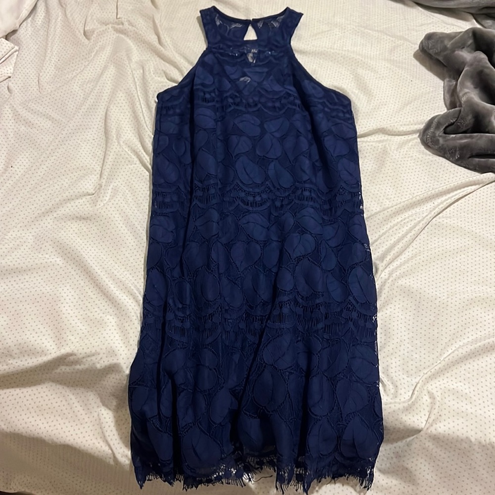 from francesca’s, navy blue dress, high neck, worn once